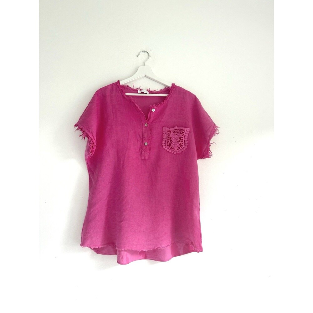 ✿ Made in Italy Pink Linen Top – Boho Crochet Pocket Frayed Edge Blouse